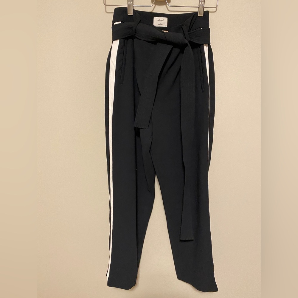 Wilfred tie front pant - black with white stripe on the side.